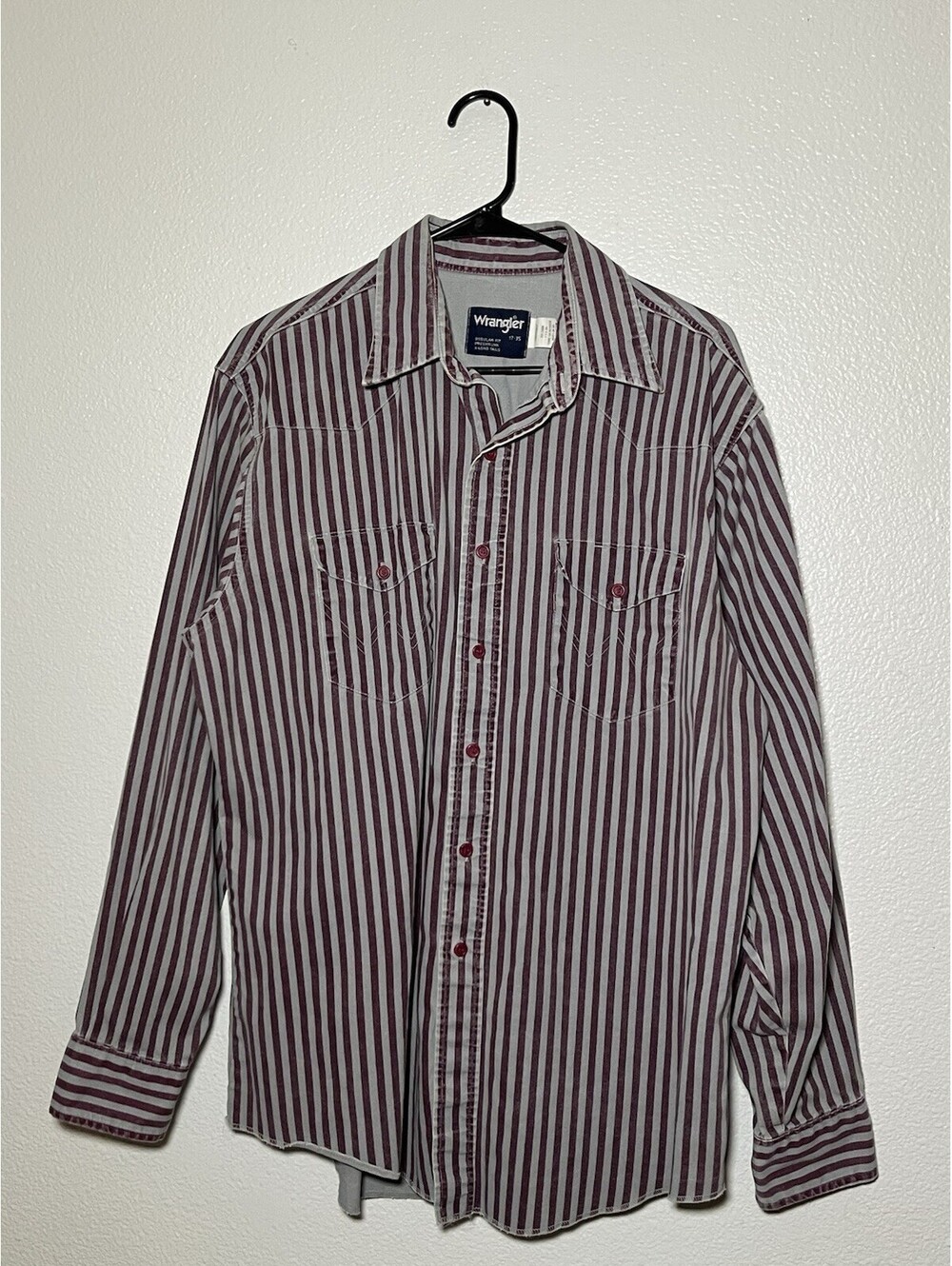 Vintage 90’s Wrangler Brushpopper Western Shirt Burgundy Striped Mens XL 17.5x35